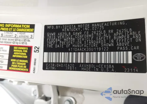 2025 Toyota Camry Se from USA, damaged, VIN 4T1DAACK3SU119122